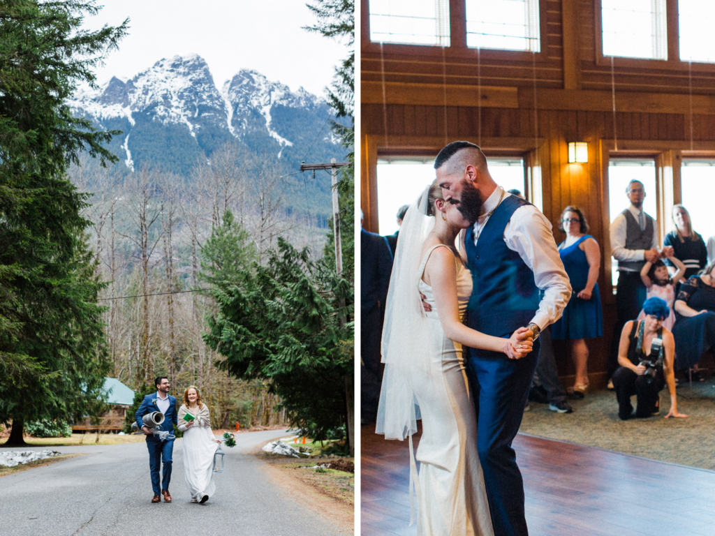 2 images, one of a couple walking on a road beneath a mountain carrying a rug and lantern. One more image of a couple having their first dance in front of guests. 