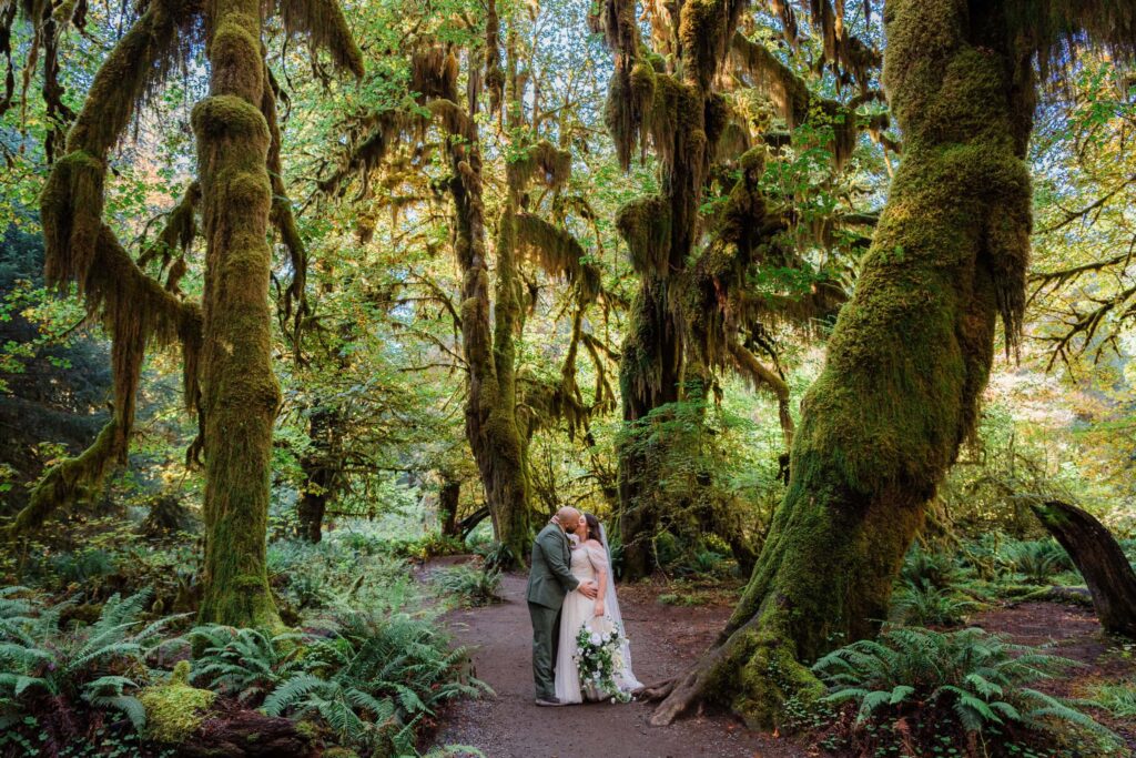 Wedding Couple kissing in the middle of the Rainforest in Olympic National Park